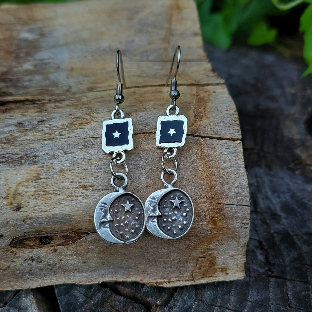 Celestial Crescent Moon And Star Dangle Silver Earrings